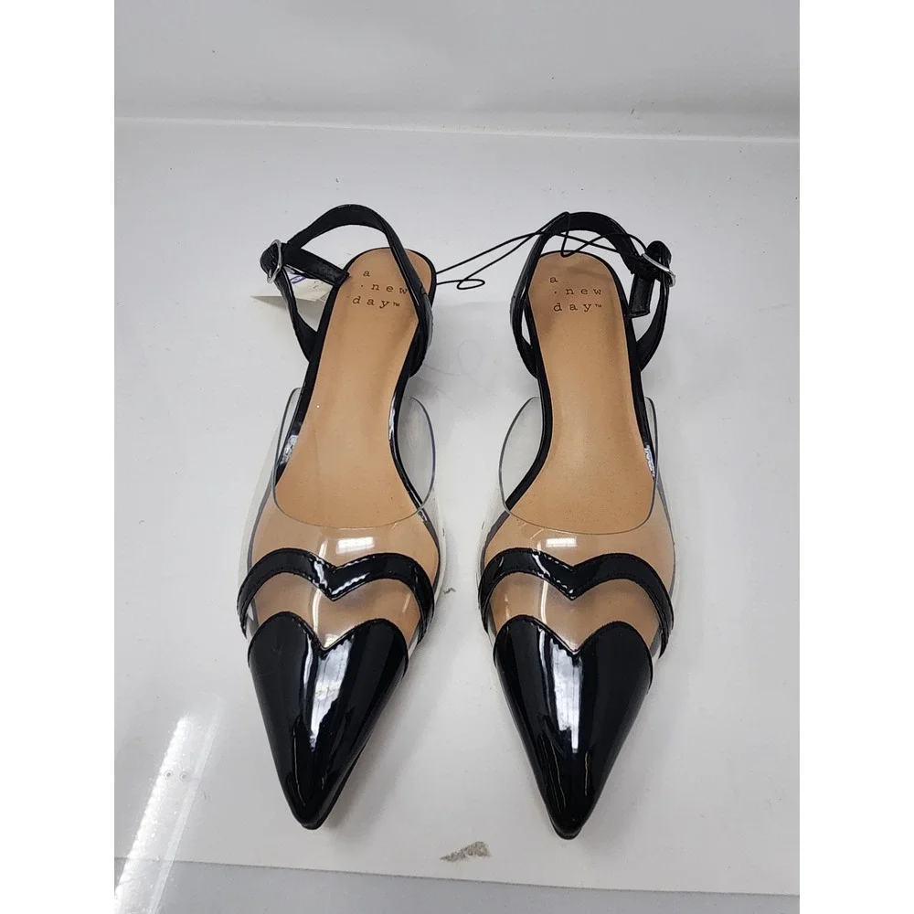 A New Day Womens Slingback Kitten Heel Pumps Black Faux Leather Casual Size 6